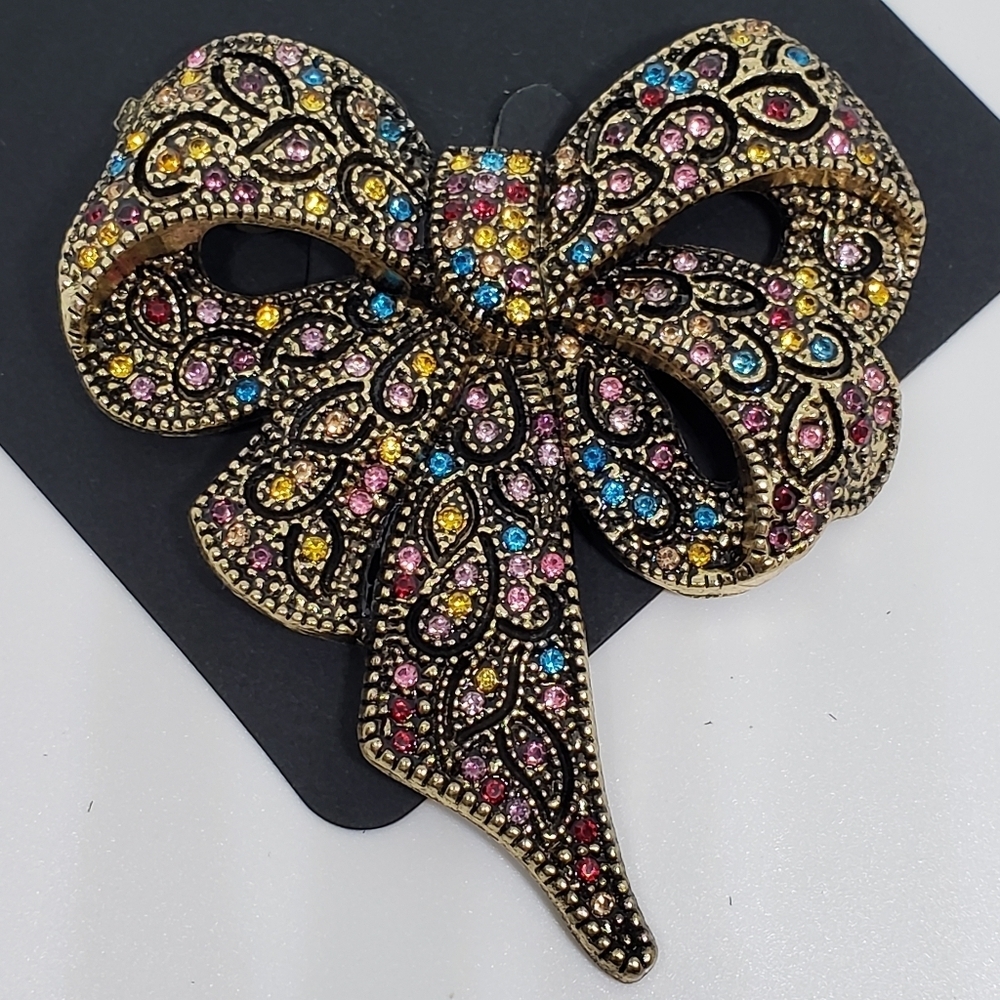Rhinestone Holiday Christmas Bow Brooch Pin